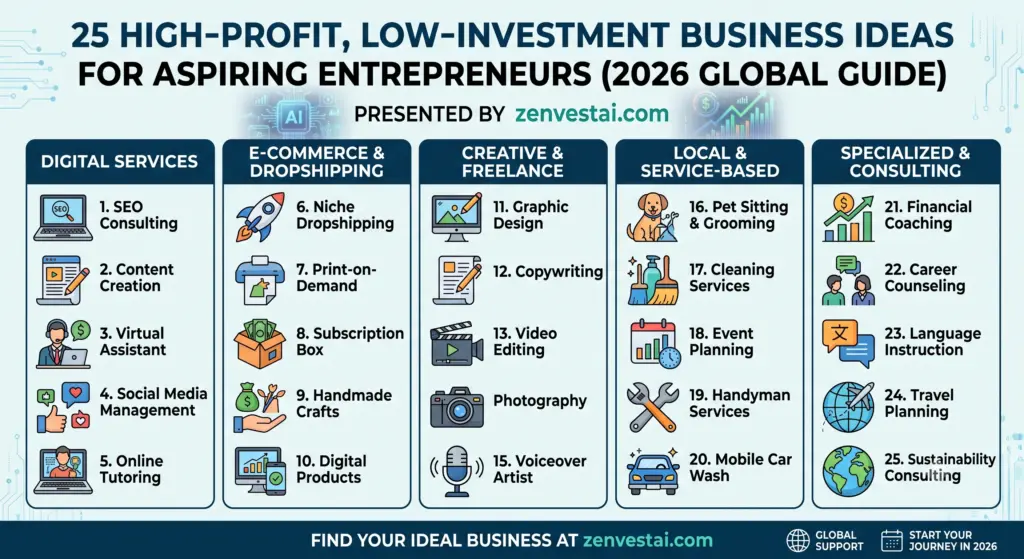 25 High-Profit, Low-Investment Business Ideas for Aspiring Entrepreneurs (2026 Global Guide)