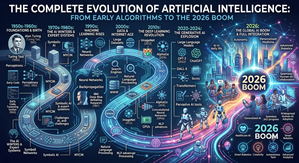 The Complete Evolution of Artificial Intelligence From Early Algorithms to the 2026 Boom