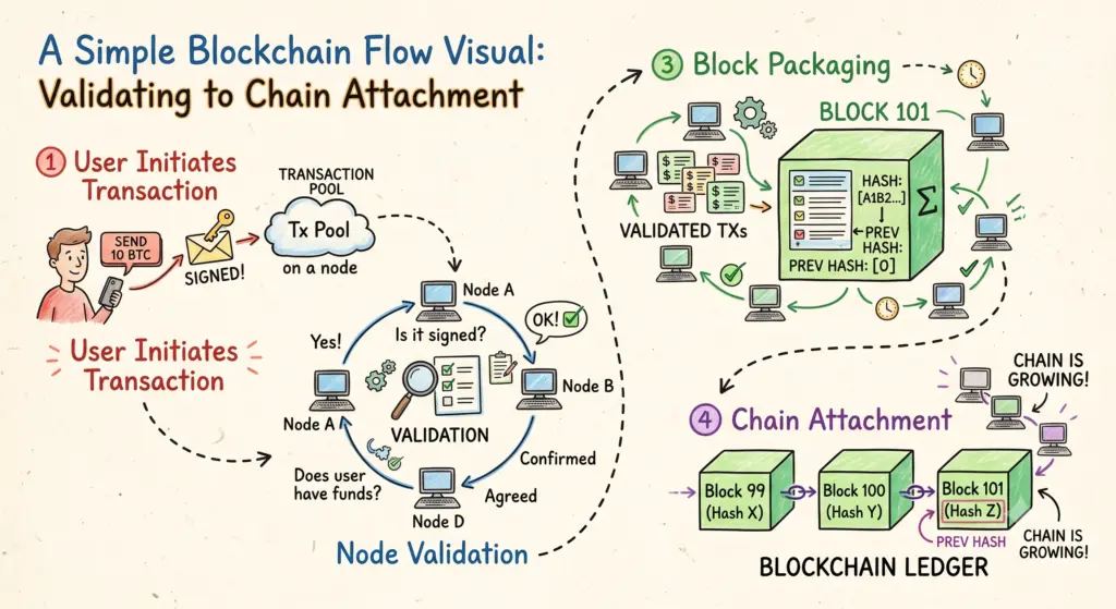flow visual showing a transaction moving from node validation to block packaging and chain attachment