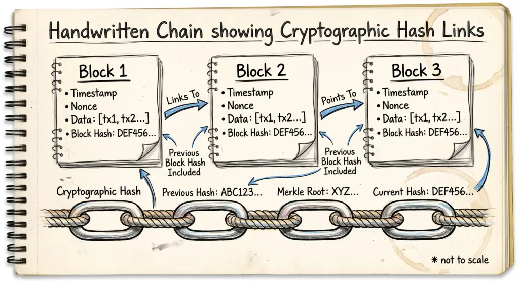 Horizontal chain showing cryptographic hash links connecting Block 1 to Block 2 and Block 3
