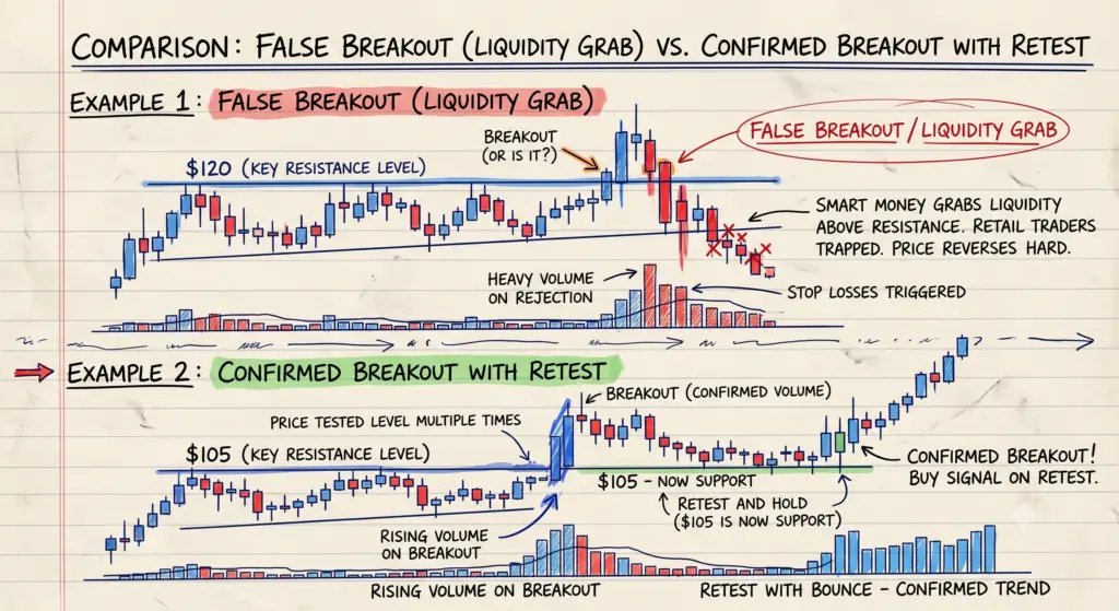 Illustration comparing a False Breakout (Liquidity Grab) vs. Confirmed Breakout with Retest
