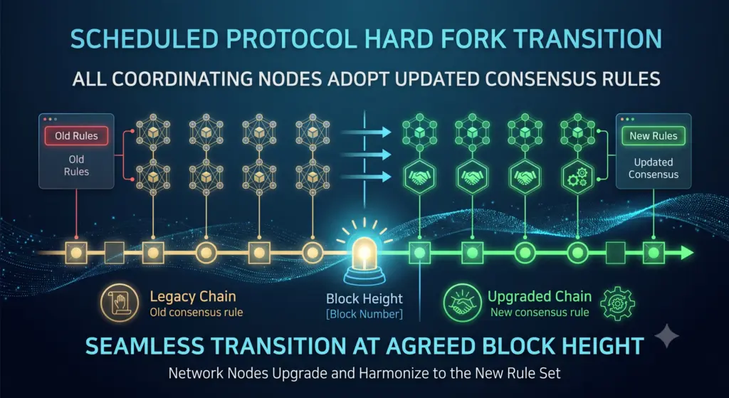 Scheduled protocol hard forks transition all coordinating nodes to updated consensus rules seamlessly at an agreed block height