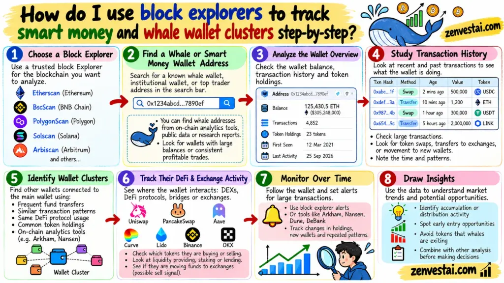 How do I use block explorers to track smart money and whale wallet clusters step-by-step?
